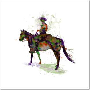 Cowboy on Horseback Watercolor Silhouette Posters and Art